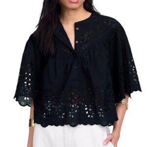 Madewell Black Embroidered Shirred Henley Top Size Small